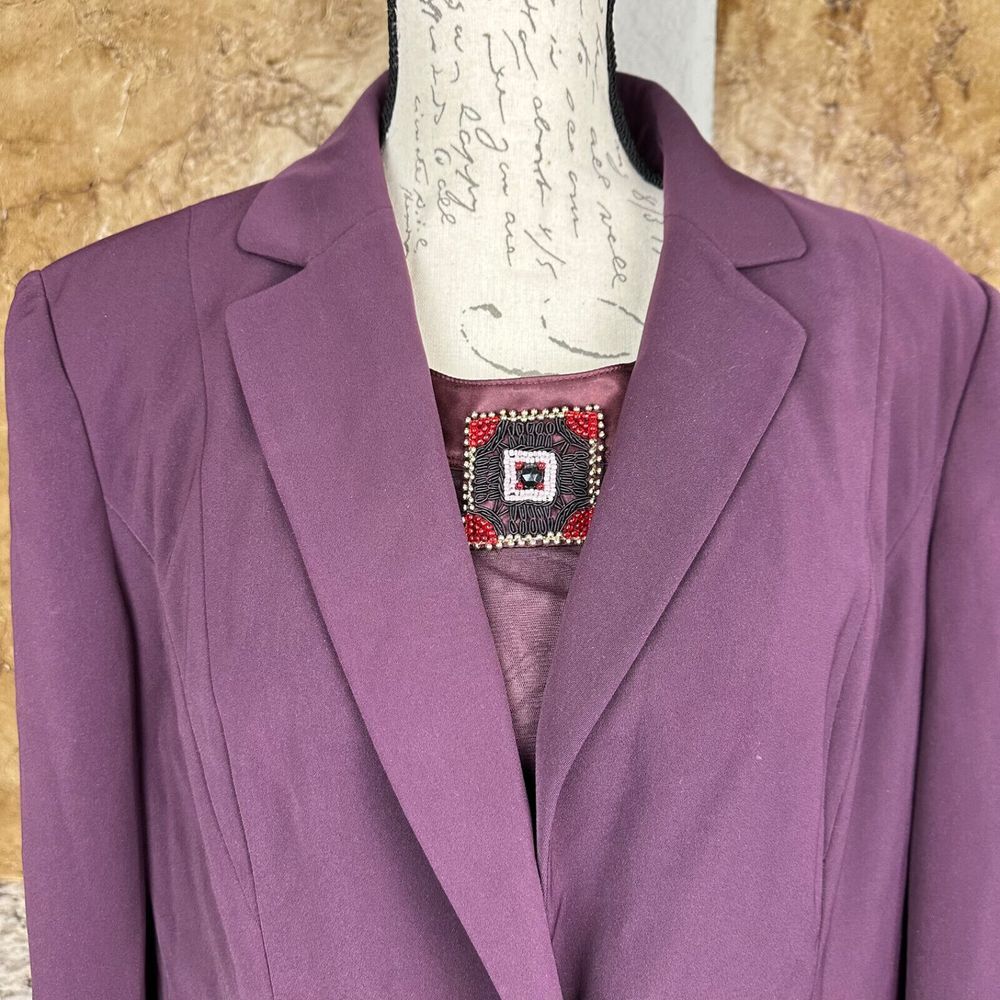 Vien Blazer‎ Tank Set Women's 14 XL Purple Beaded Sheer Top Jacket Single Button